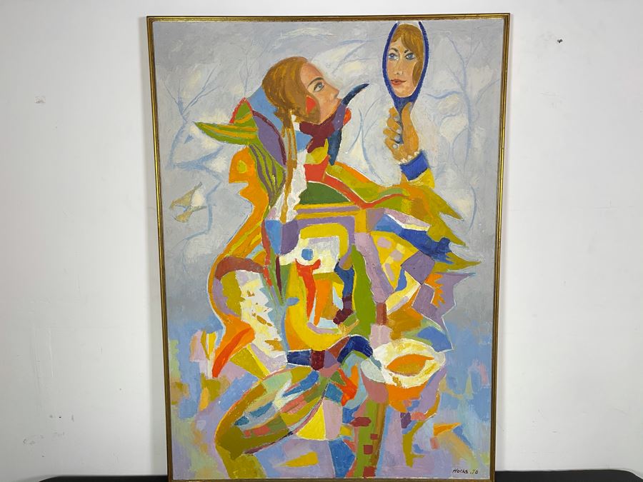 Original Fred Hocks (1886-1981) Painting On Canvas Titled 'Harlequinesque' 36 X 50 (Ferdinand Hocks) - Painting Featured In The 1976 Retrospective Work At The San Diego Museum Of Art (Gallery Tag On Back Of Painting) [Photo 4]