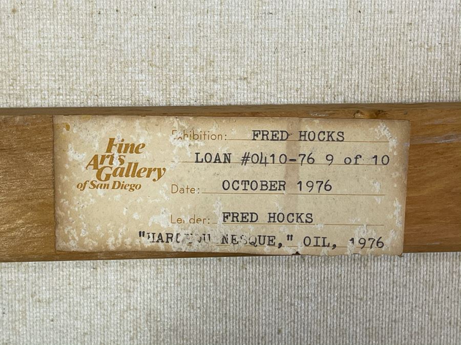 Original Fred Hocks (1886-1981) Painting On Canvas Titled 'Harlequinesque' 36 X 50 (Ferdinand Hocks) - Painting Featured In The 1976 Retrospective Work At The San Diego Museum Of Art (Gallery Tag On Back Of Painting) [Photo 18]