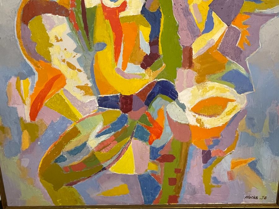 Original Fred Hocks (1886-1981) Painting On Canvas Titled 'Harlequinesque' 36 X 50 (Ferdinand Hocks) - Painting Featured In The 1976 Retrospective Work At The San Diego Museum Of Art (Gallery Tag On Back Of Painting) [Photo 10]