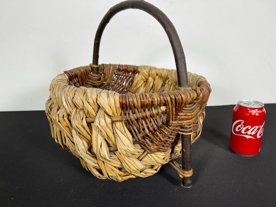 Vintage Woven Basket With Tree Branch Handle 14W X 14H