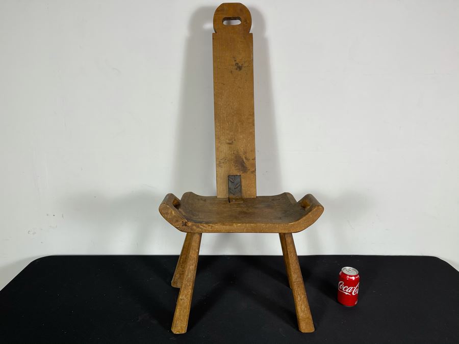 Antique Wooden Birthing Chair (Chair Has Been Repaired With Steel Bar Attaching Back To Seat) 18.5W X 11D X 40H [Photo 1]