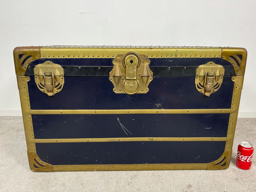 JUST ADDED - Oversized Vintage Metal Samson Steamer Trunk With Original Inserts Trays 36W X 21D X 22H [Photo 6]