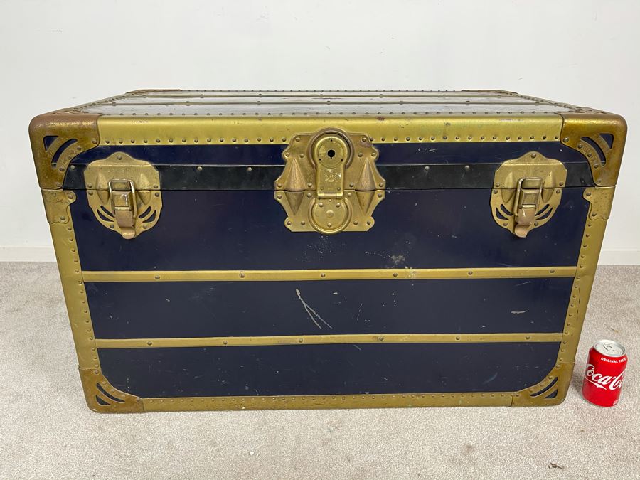 JUST ADDED - Oversized Vintage Metal Samson Steamer Trunk With Original Inserts Trays 36W X 21D X 22H [Photo 1]