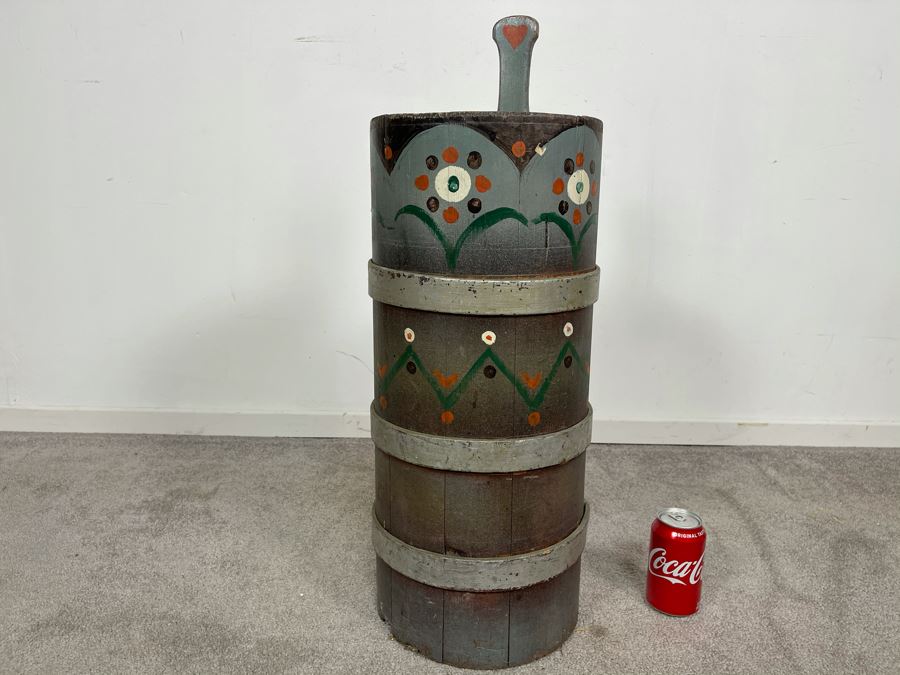 Antique Primitive Hand Painted Wooden Umbrella Stand Floor Vase 10W X 28H [Photo 2]