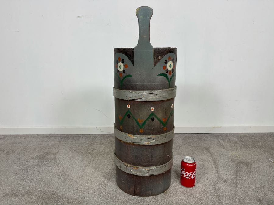 Antique Primitive Hand Painted Wooden Umbrella Stand Floor Vase 10W X 28H [Photo 7]