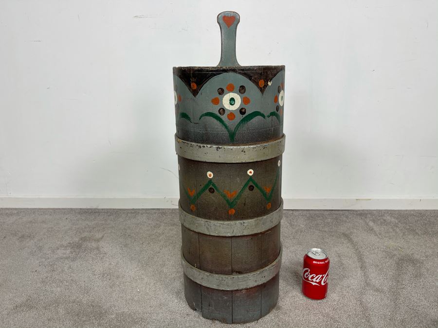 Antique Primitive Hand Painted Wooden Umbrella Stand Floor Vase 10W X 28H [Photo 1]