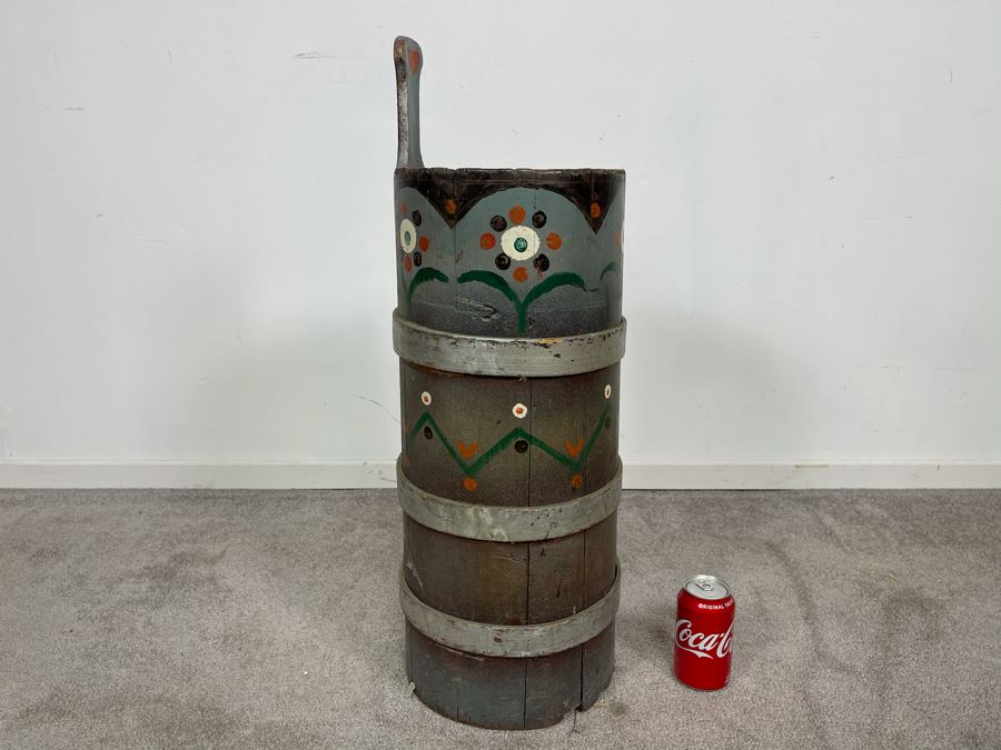 Antique Primitive Hand Painted Wooden Umbrella Stand Floor Vase 10W X 28H [Photo 6]