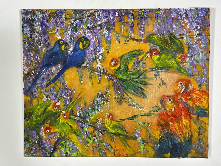 Original Joan Lohrey Signed Painting On Canvas Of Parrots 20 X 16 [Photo 2]
