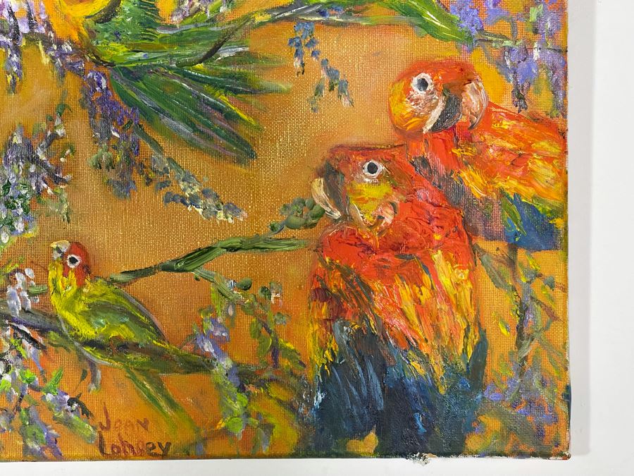 Original Joan Lohrey Signed Painting On Canvas Of Parrots 20 X 16 [Photo 3]