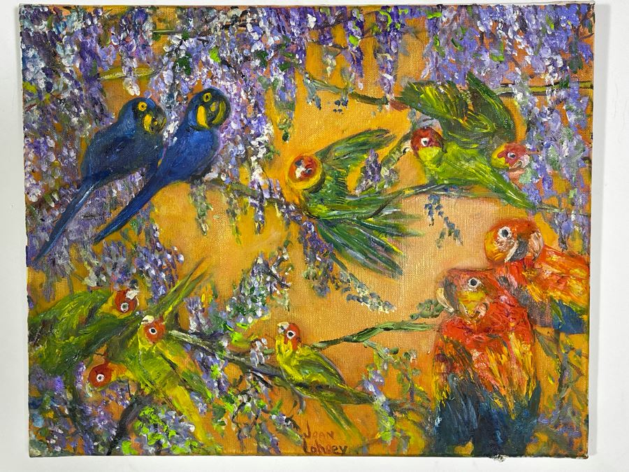 Original Joan Lohrey Signed Painting On Canvas Of Parrots 20 X 16