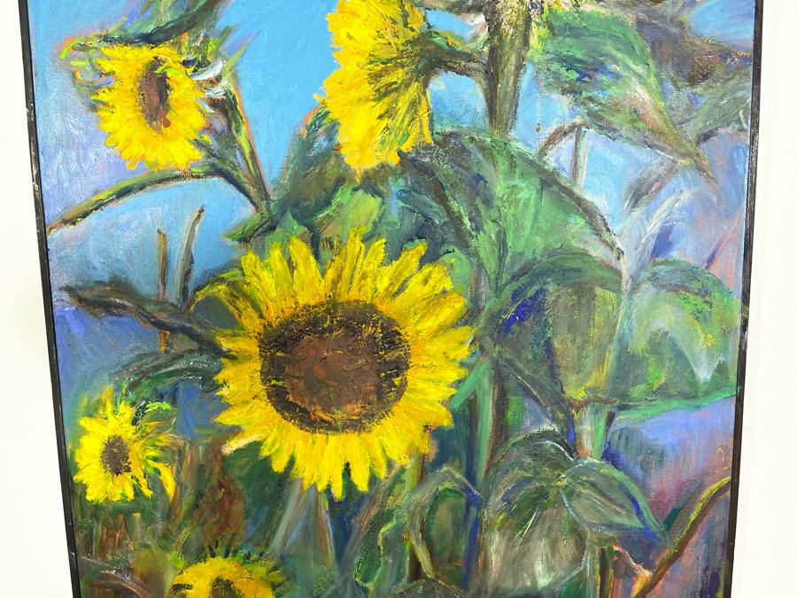 Large Original Framed Joan Lohrey Signed Painting On Canvas Of Sunflowers 22 X 34 [Photo 4]