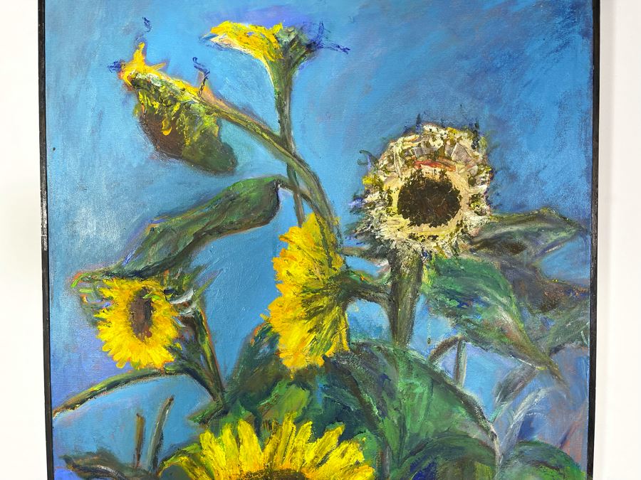 Large Original Framed Joan Lohrey Signed Painting On Canvas Of Sunflowers 22 X 34 [Photo 5]