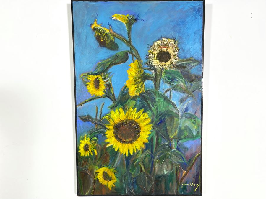 Large Original Framed Joan Lohrey Signed Painting On Canvas Of Sunflowers 22 X 34 [Photo 1]