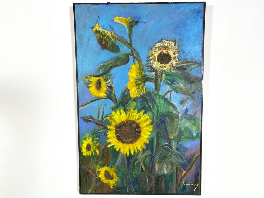 Large Original Framed Joan Lohrey Signed Painting On Canvas Of Sunflowers 22 X 34 [Photo 2]