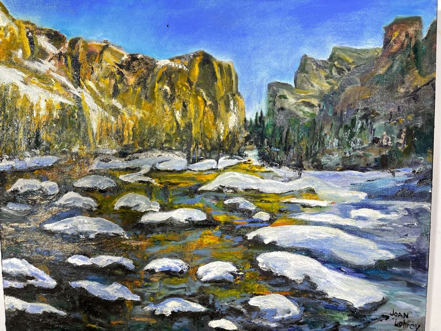 Original Joan Lohrey Signed Painting On Canvas Of Mountain River Scene 30 X 24 [Photo 3]
