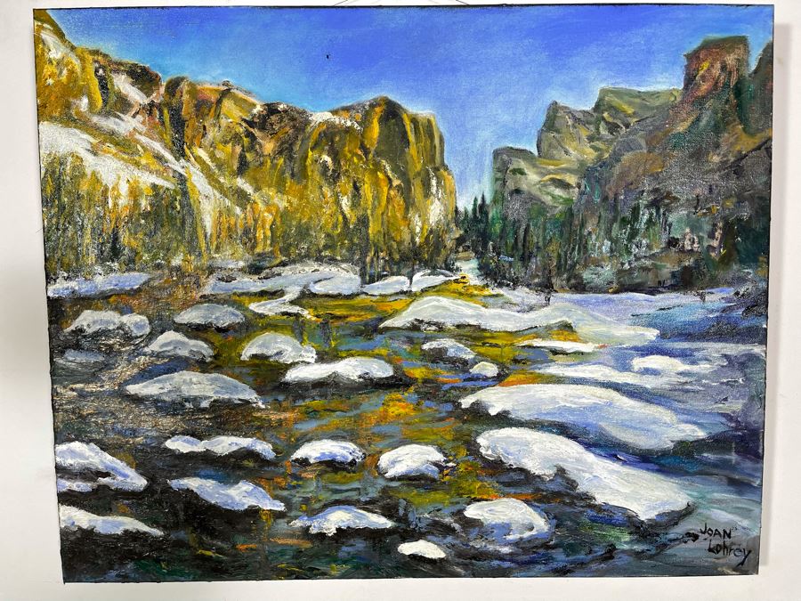 Original Joan Lohrey Signed Painting On Canvas Of Mountain River Scene 30 X 24 [Photo 2]