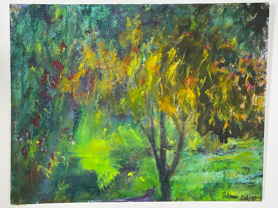 Original Joan Lohrey Signed Abstract Painting On Canvas Of Meadow Tree Scene 28 X 22 [Photo 2]