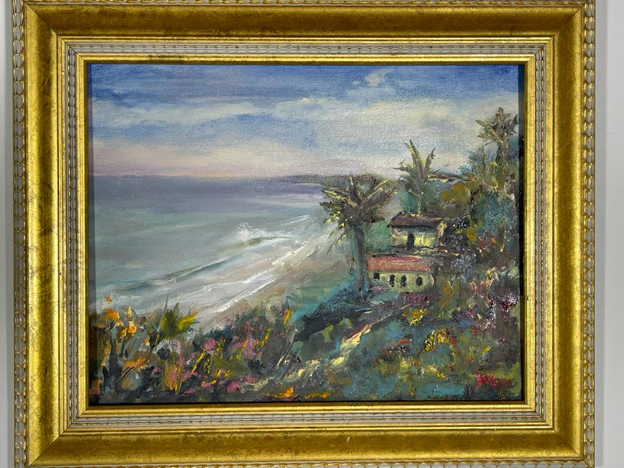 Original Joan Lohrey Signed Framed Plein Air Painting On Canvas Of Southern California Coastline 14 X 11