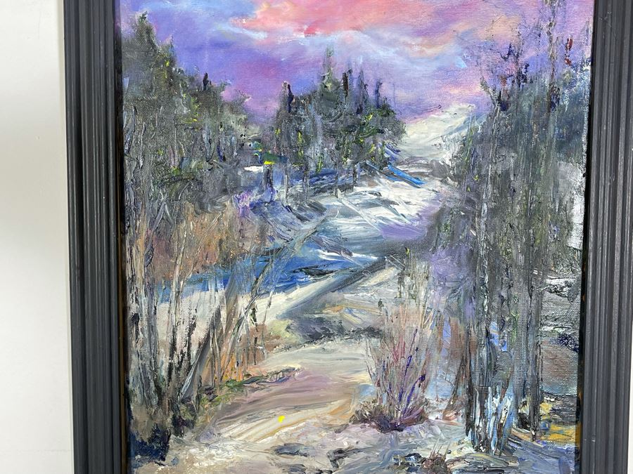 Original Joan Lohrey Signed Framed Painting On Canvas Of Winter Mountain Scene 16 X 20 [Photo 2]