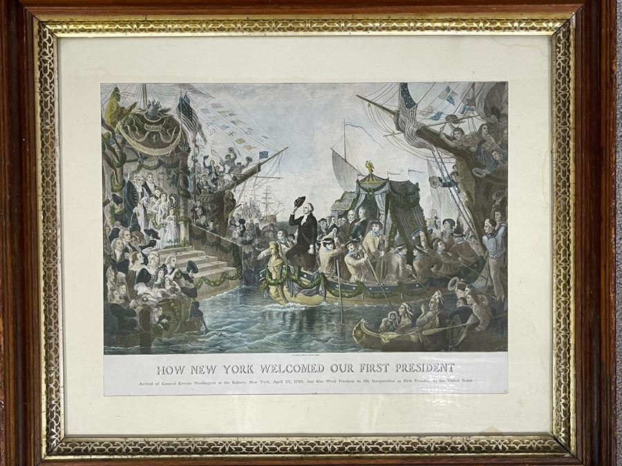 Vintage Framed Print Of 'How New York Welcomed Our First President - George Washington' By Joseph Laing 18 X 14 [Photo 2]