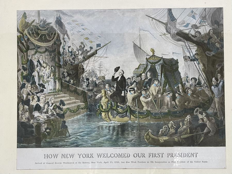 Vintage Framed Print Of 'How New York Welcomed Our First President - George Washington' By Joseph Laing 18 X 14