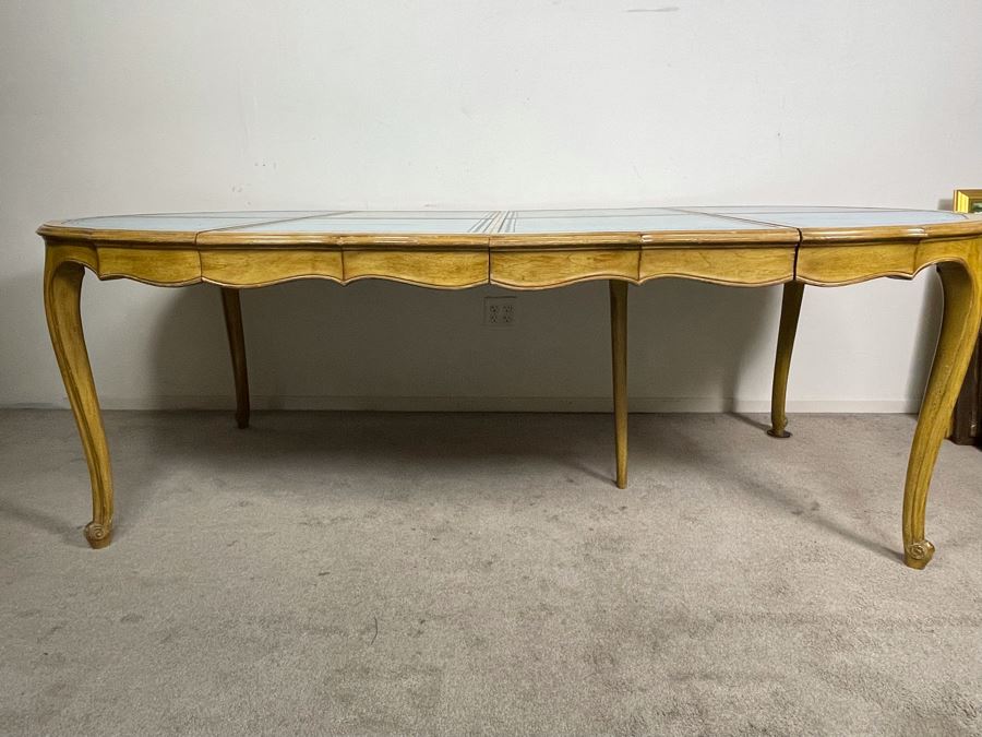 Rare French Provincial Dining Table With Light Blue Leather Top - Comes With Two Leaves (See Second Photo For Full Table Length) 48' Without Leaves - Each Leaf Is 20.5' (Slides Very Smoothly) [Photo 9]