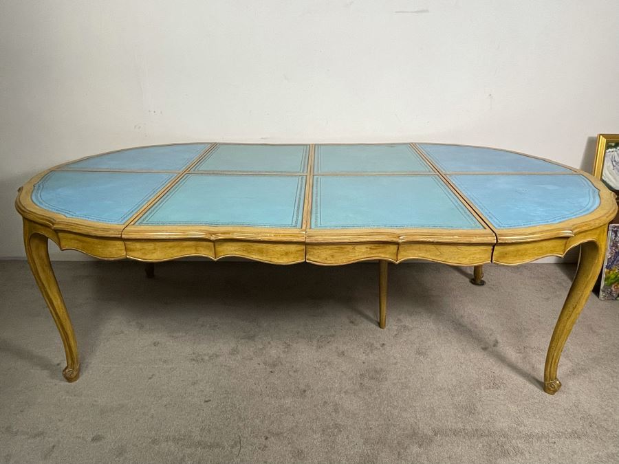 Rare French Provincial Dining Table With Light Blue Leather Top - Comes With Two Leaves (See Second Photo For Full Table Length) 48' Without Leaves - Each Leaf Is 20.5' (Slides Very Smoothly) [Photo 2]