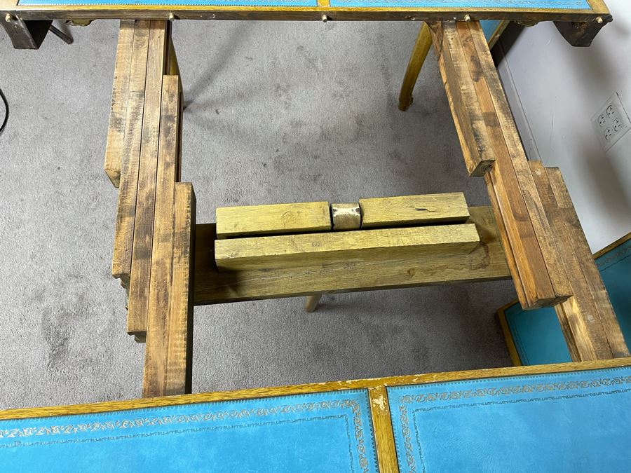 Rare French Provincial Dining Table With Light Blue Leather Top - Comes With Two Leaves (See Second Photo For Full Table Length) 48' Without Leaves - Each Leaf Is 20.5' (Slides Very Smoothly) [Photo 16]