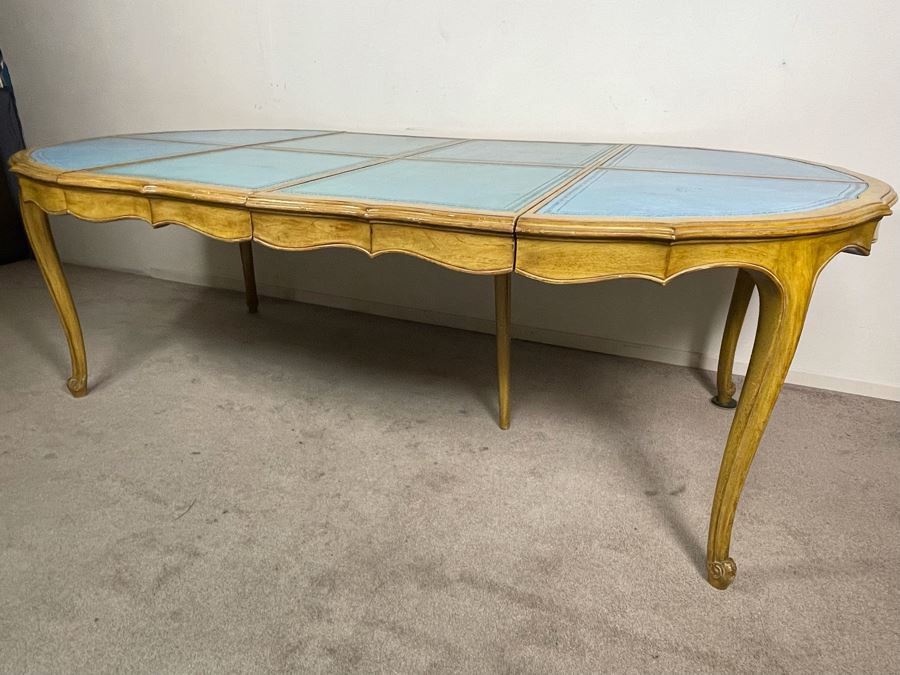 Rare French Provincial Dining Table With Light Blue Leather Top - Comes With Two Leaves (See Second Photo For Full Table Length) 48' Without Leaves - Each Leaf Is 20.5' (Slides Very Smoothly) [Photo 10]