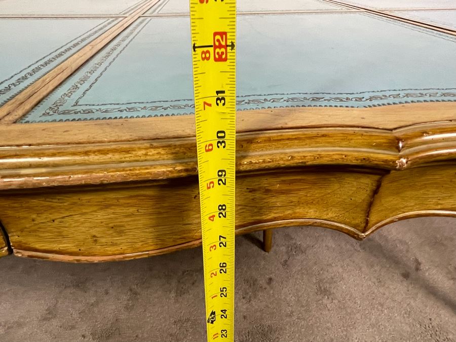 Rare French Provincial Dining Table With Light Blue Leather Top - Comes With Two Leaves (See Second Photo For Full Table Length) 48' Without Leaves - Each Leaf Is 20.5' (Slides Very Smoothly) [Photo 20]