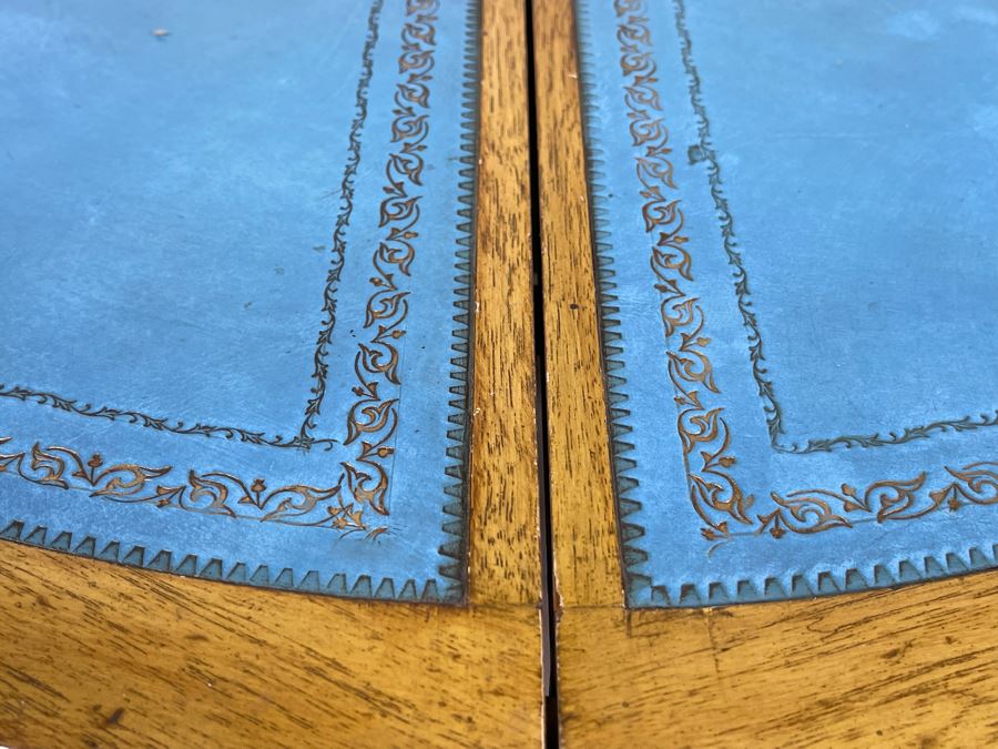 Rare French Provincial Dining Table With Light Blue Leather Top - Comes With Two Leaves (See Second Photo For Full Table Length) 48' Without Leaves - Each Leaf Is 20.5' (Slides Very Smoothly) [Photo 13]