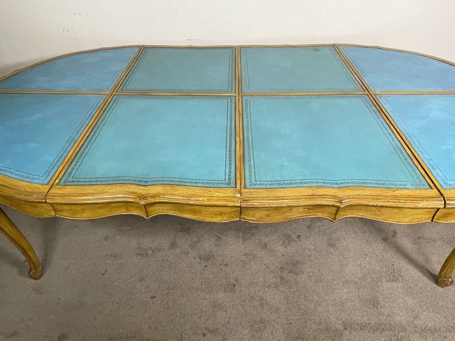 Rare French Provincial Dining Table With Light Blue Leather Top - Comes With Two Leaves (See Second Photo For Full Table Length) 48' Without Leaves - Each Leaf Is 20.5' (Slides Very Smoothly) [Photo 8]