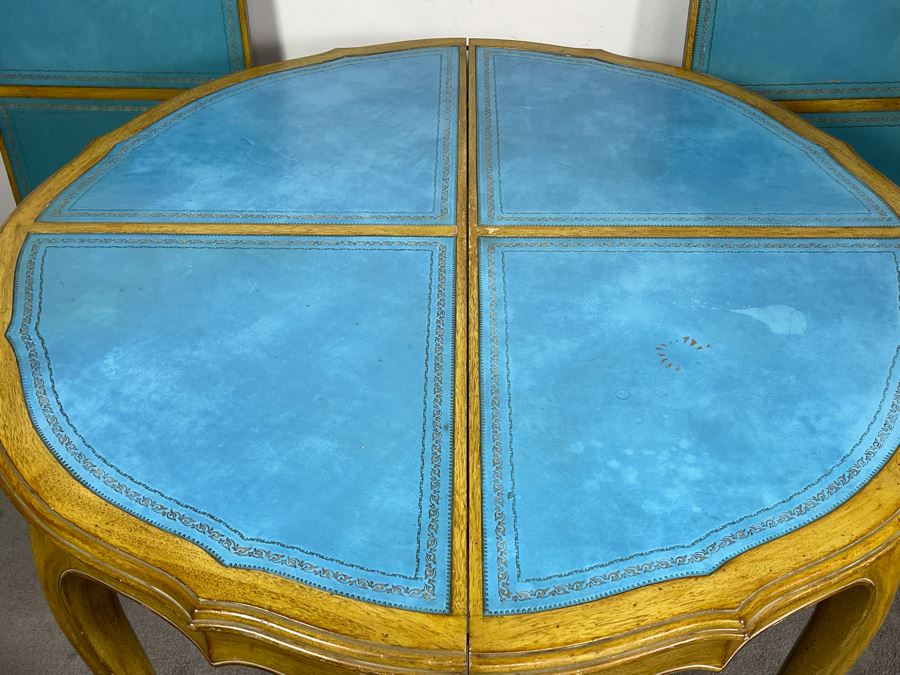 Rare French Provincial Dining Table With Light Blue Leather Top - Comes With Two Leaves (See Second Photo For Full Table Length) 48' Without Leaves - Each Leaf Is 20.5' (Slides Very Smoothly) [Photo 4]
