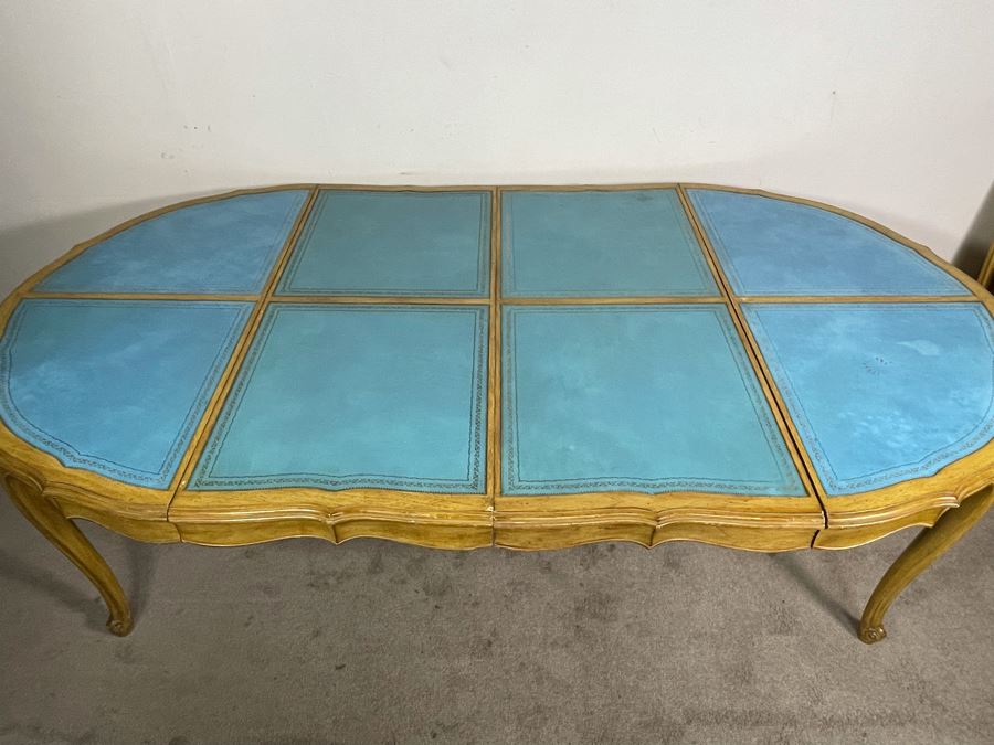Rare French Provincial Dining Table With Light Blue Leather Top - Comes With Two Leaves (See Second Photo For Full Table Length) 48' Without Leaves - Each Leaf Is 20.5' (Slides Very Smoothly) [Photo 7]