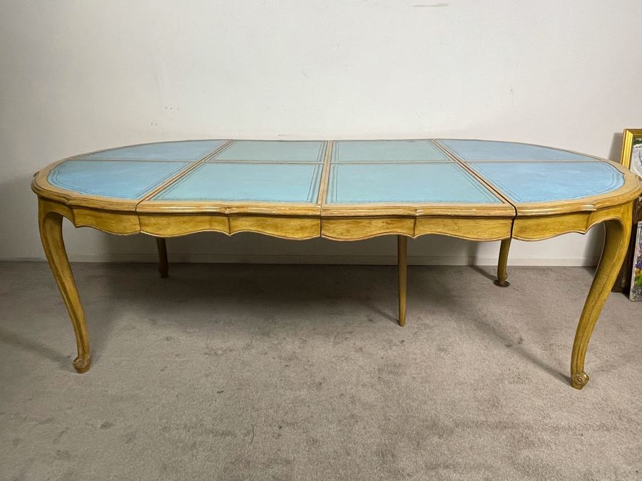 Rare French Provincial Dining Table With Light Blue Leather Top - Comes With Two Leaves (See Second Photo For Full Table Length) 48' Without Leaves - Each Leaf Is 20.5' (Slides Very Smoothly) [Photo 6]