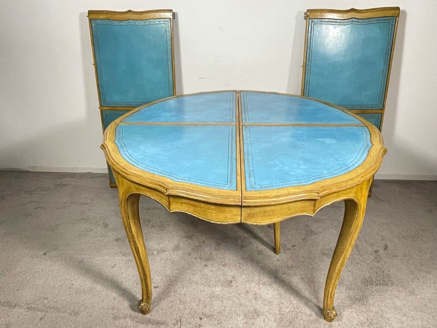 Rare French Provincial Dining Table With Light Blue Leather Top - Comes With Two Leaves (See Second Photo For Full Table Length) 48' Without Leaves - Each Leaf Is 20.5' (Slides Very Smoothly) [Photo 5]