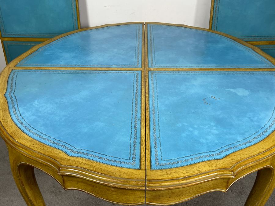 Rare French Provincial Dining Table With Light Blue Leather Top - Comes With Two Leaves (See Second Photo For Full Table Length) 48' Without Leaves - Each Leaf Is 20.5' (Slides Very Smoothly) [Photo 11]