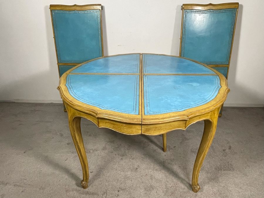 Rare French Provincial Dining Table With Light Blue Leather Top - Comes With Two Leaves (See Second Photo For Full Table Length) 48' Without Leaves - Each Leaf Is 20.5' (Slides Very Smoothly) [Photo 1]
