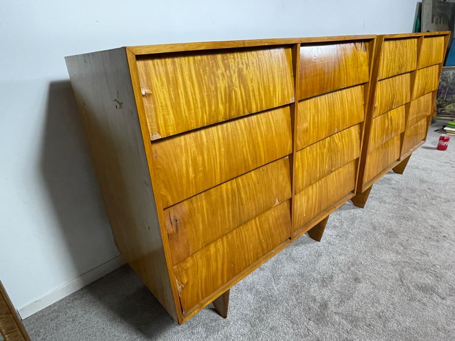 Pair Of Mid-Century Modern Veneered 8 Drawer Chest Of Drawers Dressers (Note Veneer is Chipped And Lifting On Drawers - See Photos) Each 39.5W X 18D X 35H [Photo 10]
