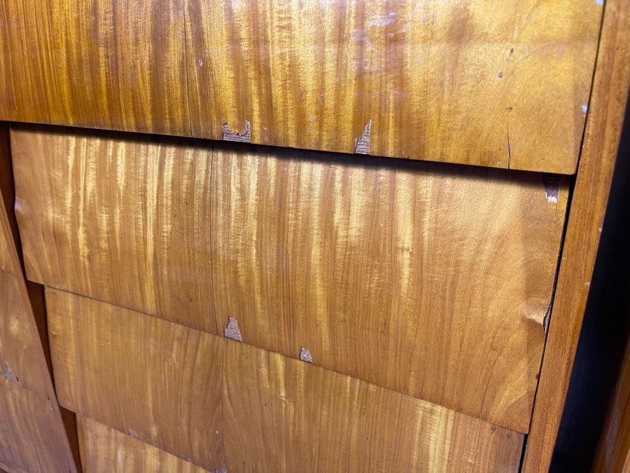 Pair Of Mid-Century Modern Veneered 8 Drawer Chest Of Drawers Dressers (Note Veneer is Chipped And Lifting On Drawers - See Photos) Each 39.5W X 18D X 35H [Photo 14]