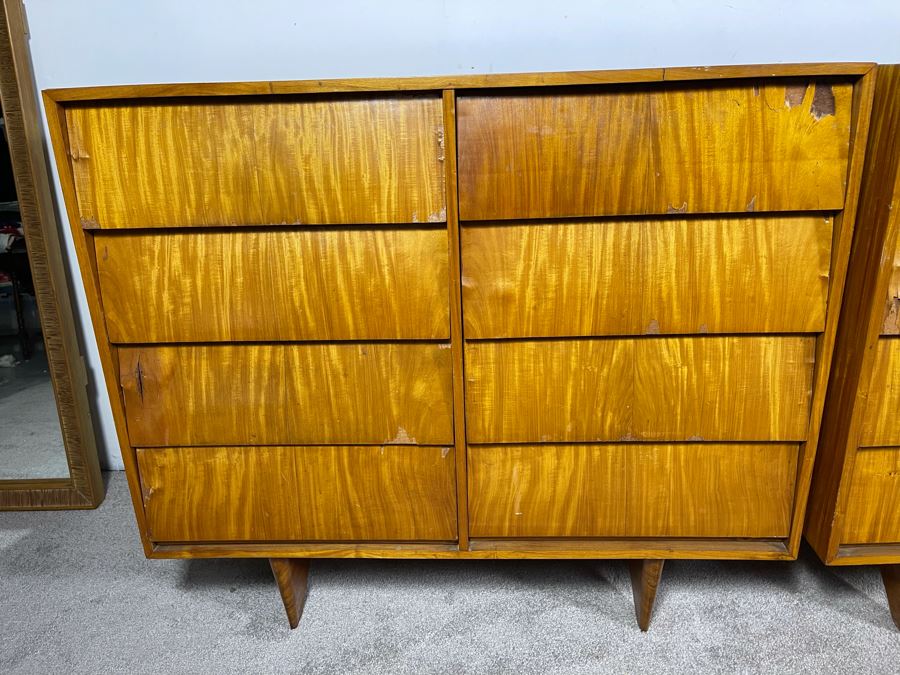 Pair Of Mid-Century Modern Veneered 8 Drawer Chest Of Drawers Dressers (Note Veneer is Chipped And Lifting On Drawers - See Photos) Each 39.5W X 18D X 35H [Photo 6]