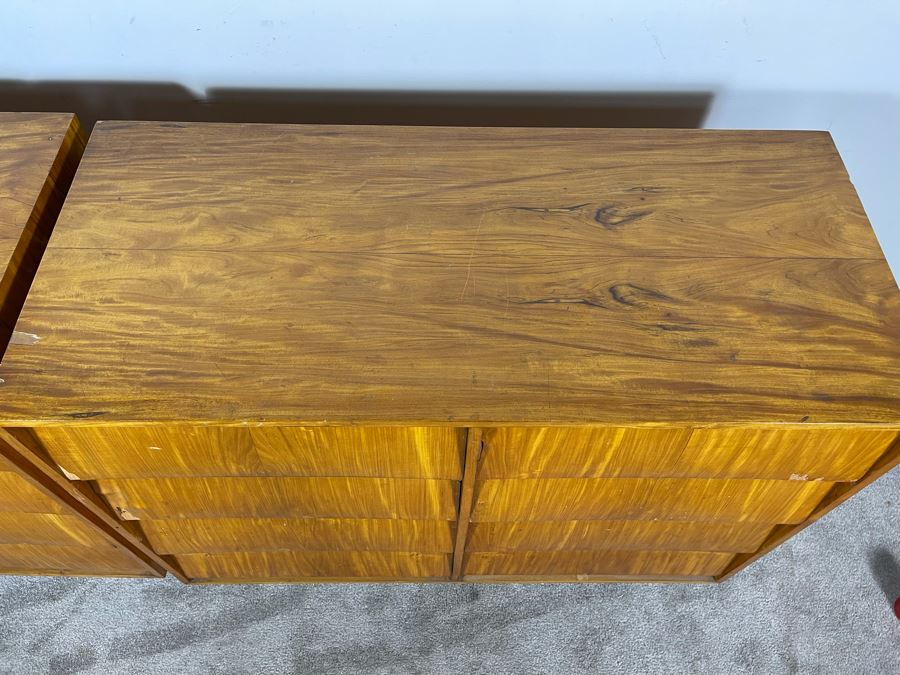 Pair Of Mid-Century Modern Veneered 8 Drawer Chest Of Drawers Dressers (Note Veneer is Chipped And Lifting On Drawers - See Photos) Each 39.5W X 18D X 35H [Photo 8]