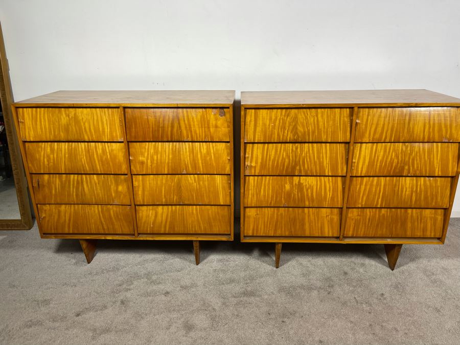 Pair Of Mid-Century Modern Veneered 8 Drawer Chest Of Drawers Dressers (Note Veneer is Chipped And Lifting On Drawers - See Photos) Each 39.5W X 18D X 35H [Photo 1]