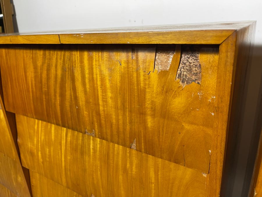 Pair Of Mid-Century Modern Veneered 8 Drawer Chest Of Drawers Dressers (Note Veneer is Chipped And Lifting On Drawers - See Photos) Each 39.5W X 18D X 35H [Photo 13]