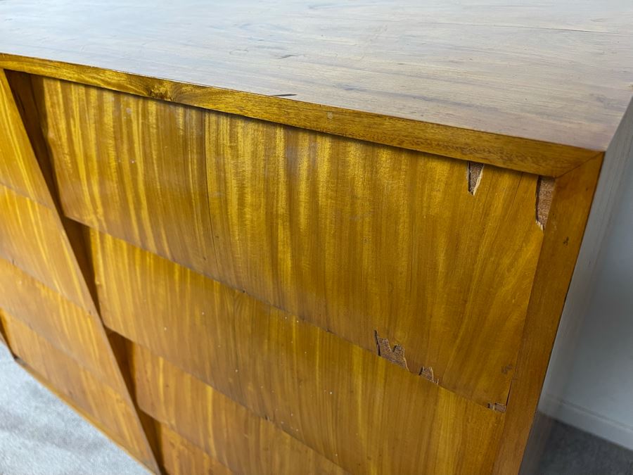 Pair Of Mid-Century Modern Veneered 8 Drawer Chest Of Drawers Dressers (Note Veneer is Chipped And Lifting On Drawers - See Photos) Each 39.5W X 18D X 35H [Photo 16]