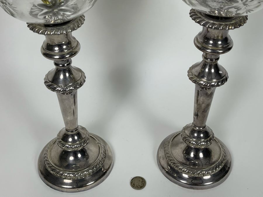 Pair Of Silverplate Candlesticks Fitted With Etched Glass Kosmos-Brenner Lanterns 14'H [Photo 3]