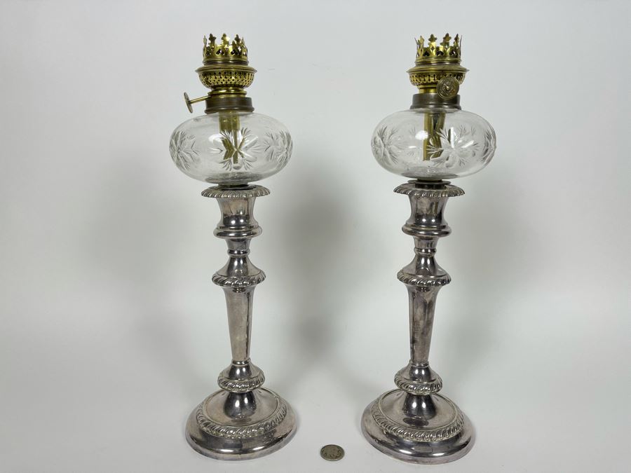 Pair Of Silverplate Candlesticks Fitted With Etched Glass Kosmos-Brenner Lanterns 14'H [Photo 2]