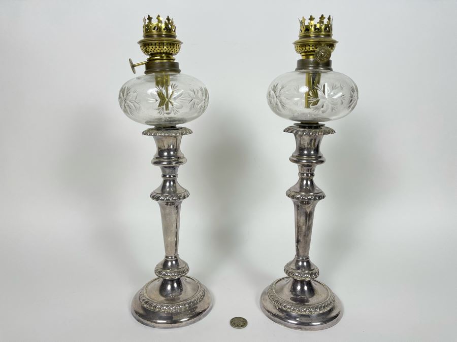 Pair Of Silverplate Candlesticks Fitted With Etched Glass Kosmos-Brenner Lanterns 14'H [Photo 1]