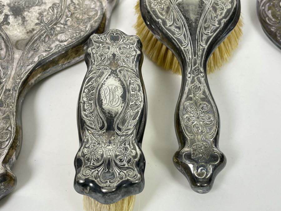 Vintage Chased Silverplate Vanity Set With Handheld Mirror And Pair Of Brushes And Vintage Repousse Silverplate Handheld Vanity Mirror [Photo 7]