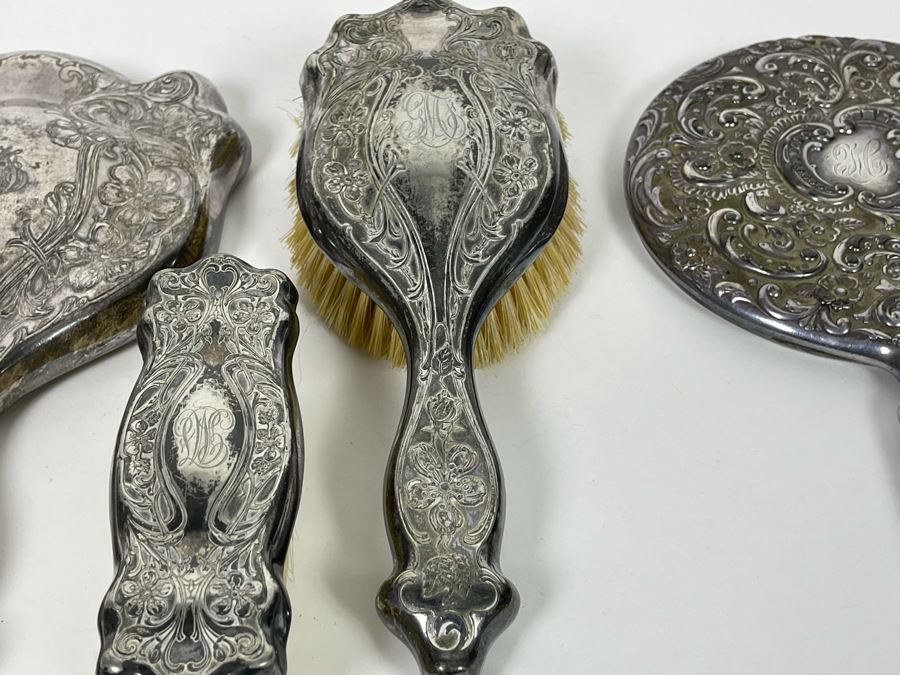 Vintage Chased Silverplate Vanity Set With Handheld Mirror And Pair Of Brushes And Vintage Repousse Silverplate Handheld Vanity Mirror [Photo 8]